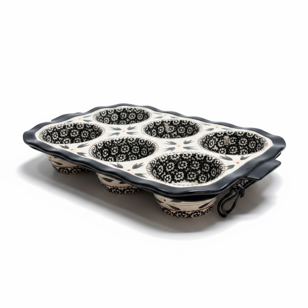 Temp-tations by Tara Old World Black Cream 6 Cup Ceramic Muffin Pan W/ Wire Rack